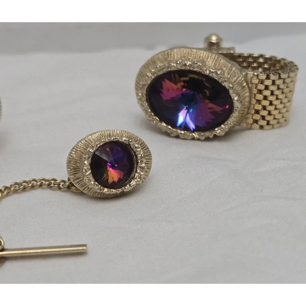 Vintage SWANK Mesh Wrap Around Cufflinks & Tie Tack Set Watermelon Rivoli AB...